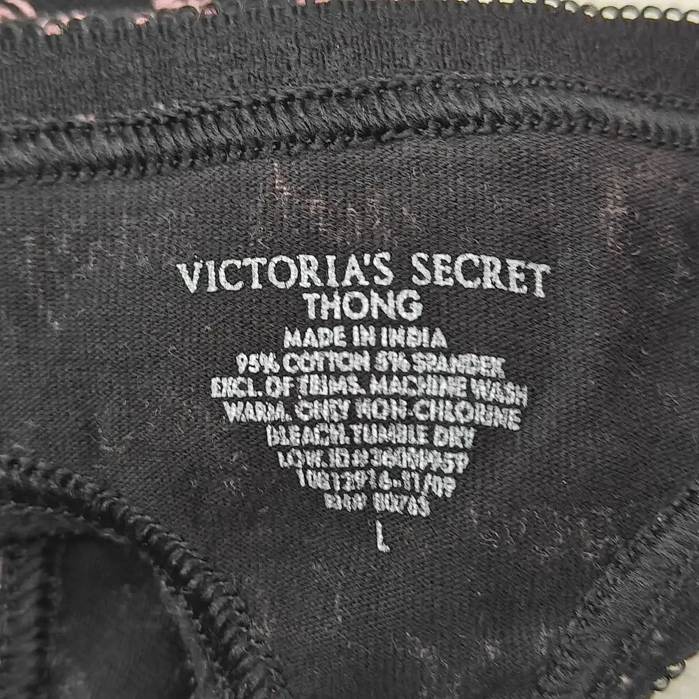 Victoria Secret Black Pink I Love You Cotton Thong Panty Womens Large